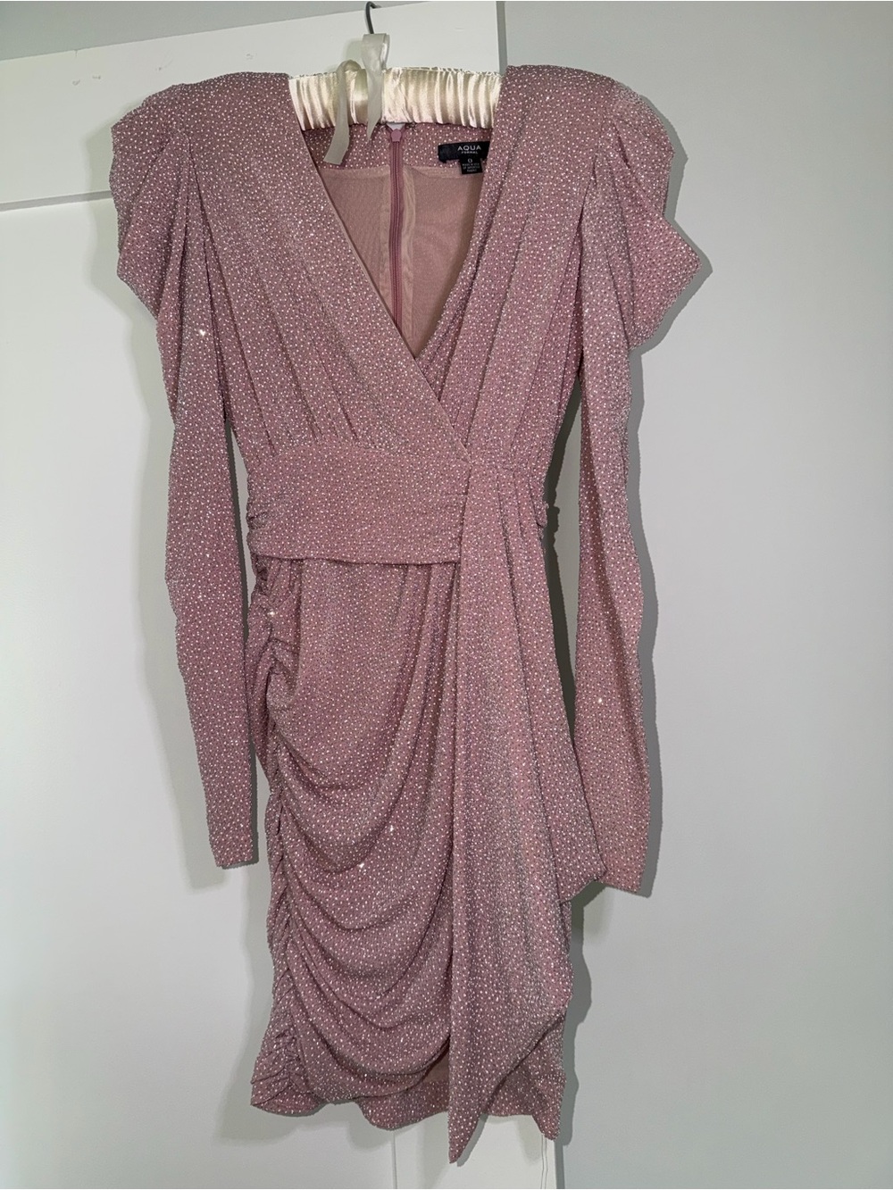 Aqua Dusty Pink Sparkle Ruched Wrap Long Sleeve Dress